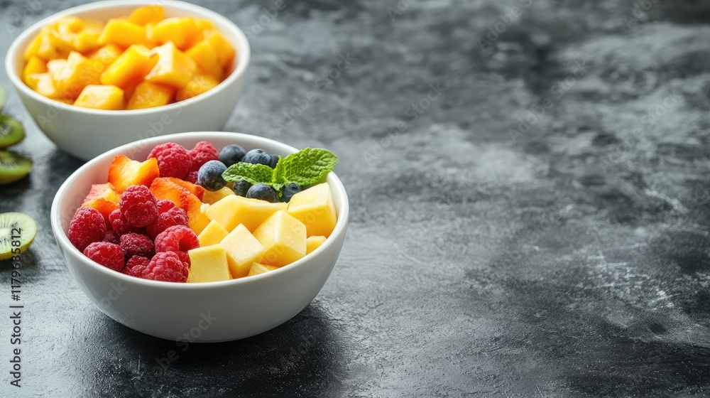 Aufkleber fresh assorted fruit bowls on a dark stone table with empty space for text ideal for healthy eating 