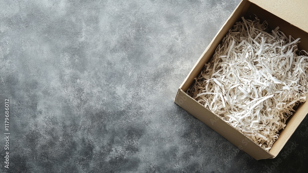 Poster box of shredded paper on gray background with copy space for text ideal for packaging and presentati