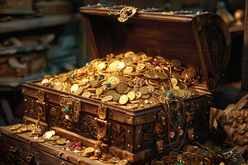 Fantastic treasure from big pirate wooden chest with antique gold coins, abstract vivid composition consists of fictional unreal fantastic vision on background