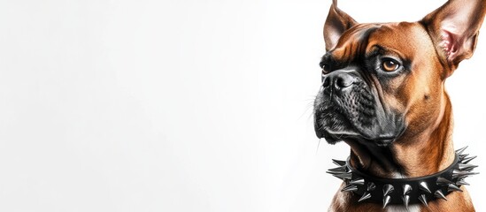Boxer dog with spiked collar on white background featuring ample space for text and creative design elements