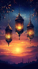 Fototapeta premium Glowing Ramadan lanterns under a stunning sunset background, peaceful evening atmosphere, extra space is provided for text