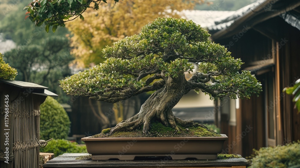 Poster bonsai tree gracefully displayed in traditional village setting surrounded by lush greenery and rust
