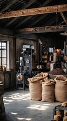 A rustic coffee roastery with burlap sacks of beans and roasting equipment