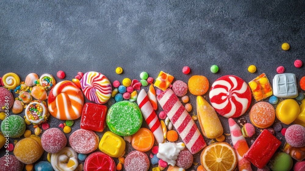 Poster assorted colorful candies and sweets arranged on a dark stone surface creating a vibrant and eye-cat