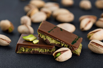 Dubai chocolate with pistachios and kadaif on dark background.