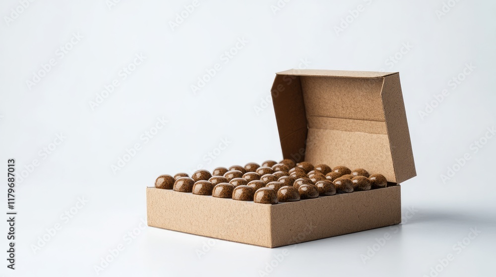 Poster box of 30 round capsules on a white background with ample empty space for text and advertising purpo