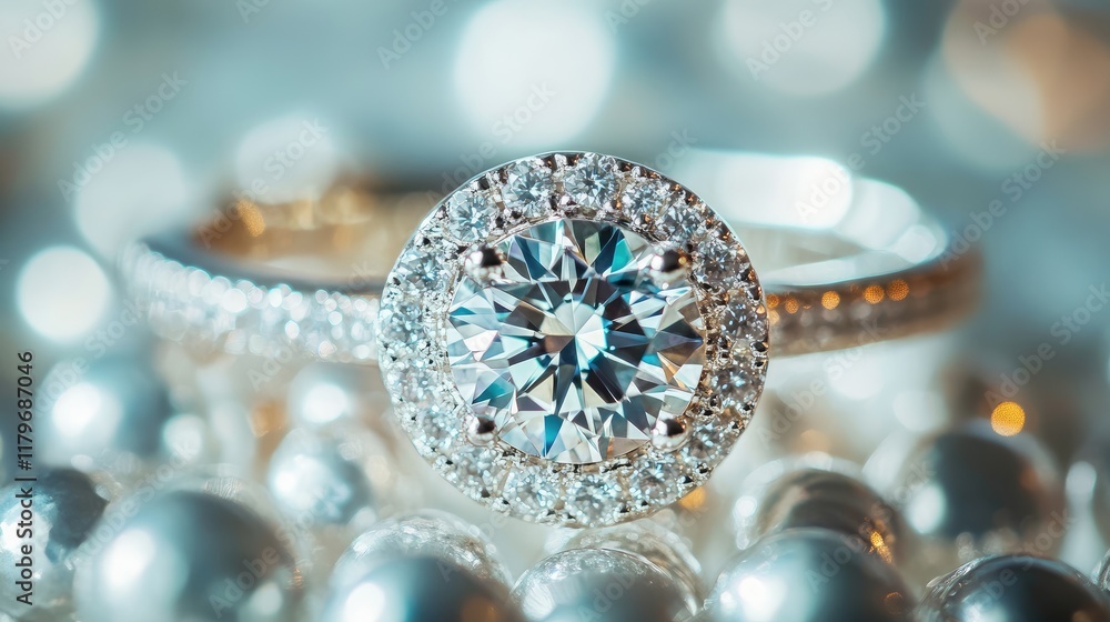 Aufkleber elegant diamond ring surrounded by pearls showcasing intricate details and sparkle in a soft bokeh b