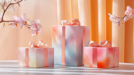 valentine's day shopping concept. Elegant pastel gift boxes with ribbons and floral decor on soft background