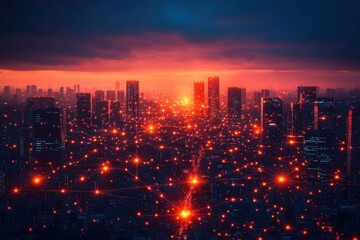 Obraz premium smart city technology concept with glowing network lines connecting urban infrastructure at night artificial intelligence integration