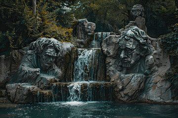 Obraz premium Fantastically beautiful fountain against backdrop of natural national park, abstract vivid composition consists of fictional unreal fantastic vision on background