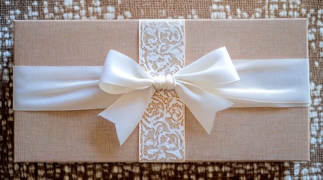 Elegant gift box with white ribbon and lace detailing showcasing space for a personalized signature on a textured background.