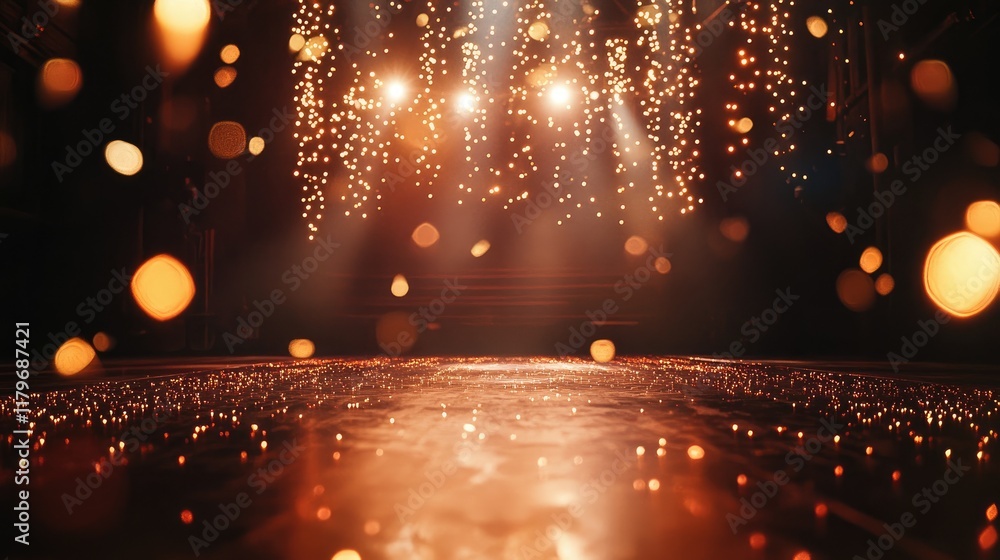 Poster bokeh lights creating a magical atmosphere on an empty stage with glowing particles and stage lighti