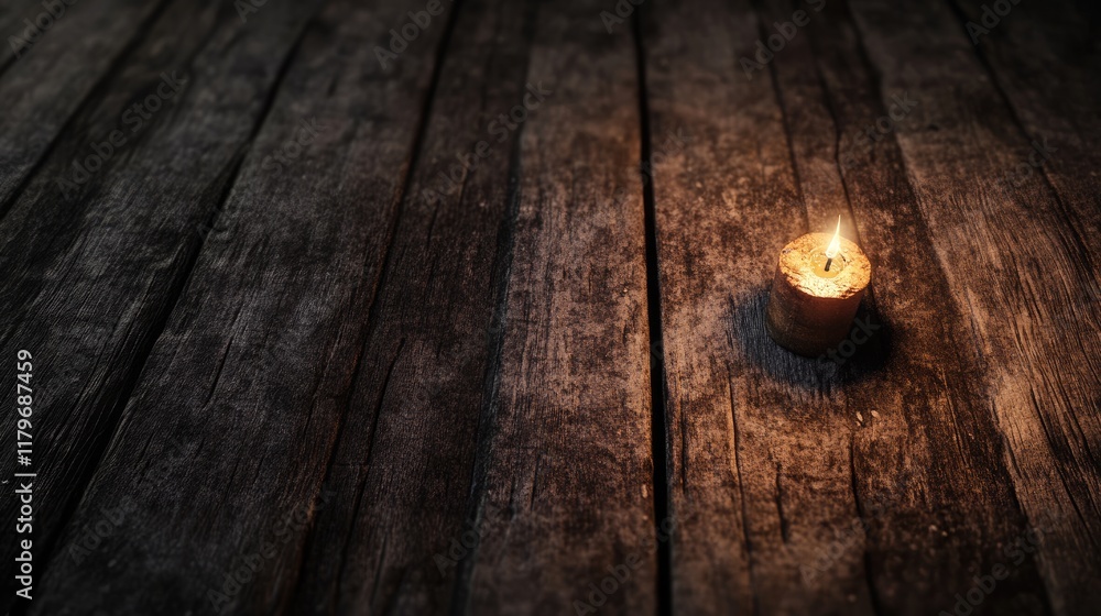 Aufkleber candle glowing softly on rustic wood surface creating a warm and serene ambiance in a dark setting