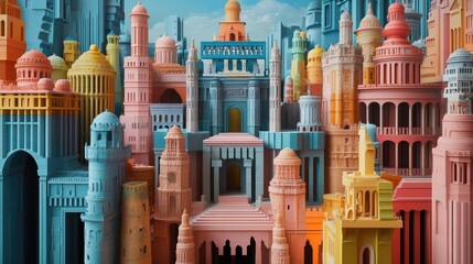 Fototapeta premium Colorful Abstract Cityscape of Temples and Castles Featuring Intricate Architectural Designs and Unique Structures in Pastel Hues