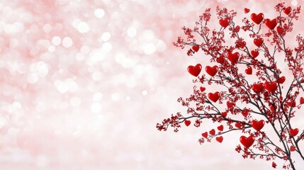 Fototapeta premium Romantic Heart-Shaped Decorations on Cherry Blossom Tree with Soft Bokeh Background in Pink Tones