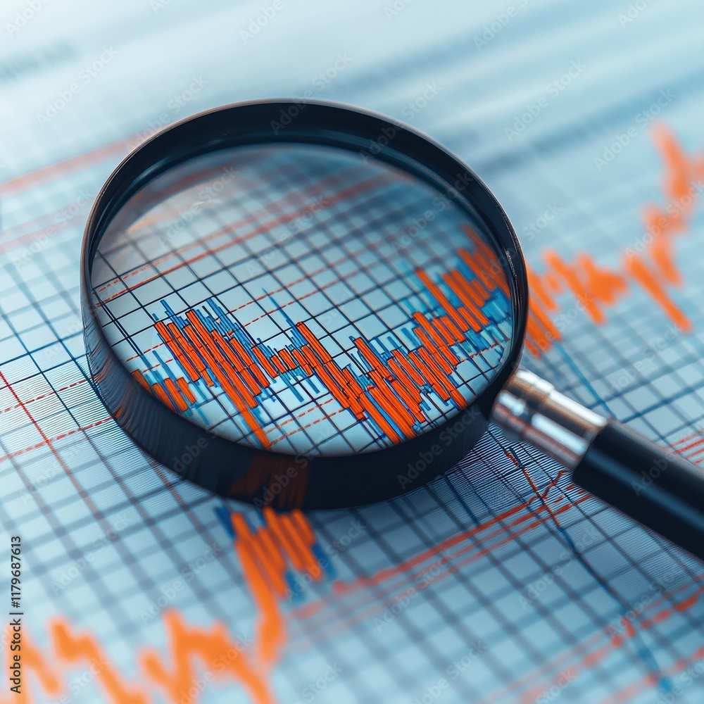 Poster a magnifying glass focuses on a graph displaying fluctuating data trends, emphasizing analysis and i
