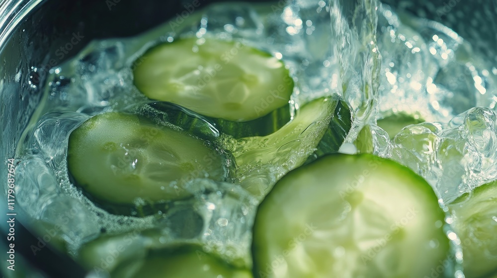 Poster Refreshing cucumber slices in a cool jug of water creating a healthy and revitalizing soft drink for hydration and wellness.