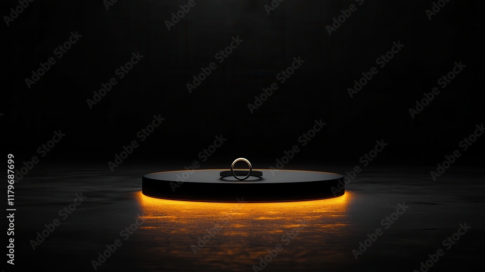 Poster elegant display of a simple ring on a dark surface with a warm glowing light effect