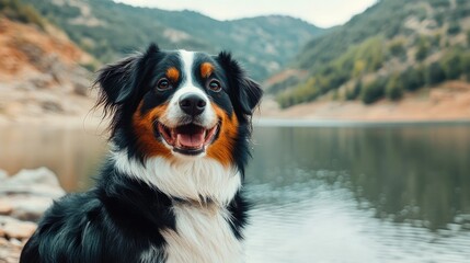 Close up of a happy dog by a serene water reservoir in a mountain valley capturing vibrant colors and natural beauty