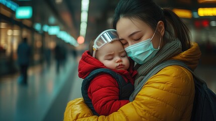 Asian woman with child in busy station, both wearing masks, showing tenderness and care. hMPV, Human metapneumovirus