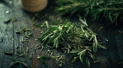 Macro shot of fresh rosemary leaves scattered on a dark wooden surface with dried herbs Natural cooking ingredients and remedies displayed