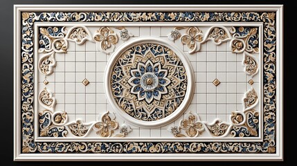 Naklejka premium Ornate white, blue, gold ceiling panel with central medallion, intricate floral design, and geometric grid background.