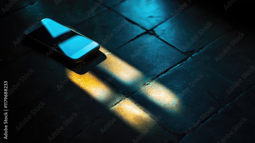 Poster macro photography of smartphone casting light and shadow on textured surface