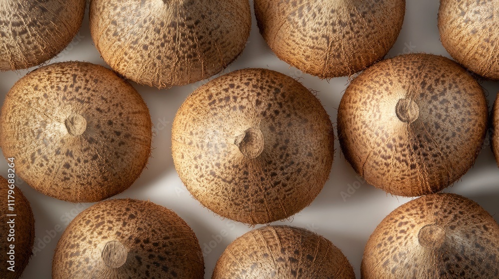 Poster close up view of multiple brown coconut shells arranged on a white background showcasing their textu
