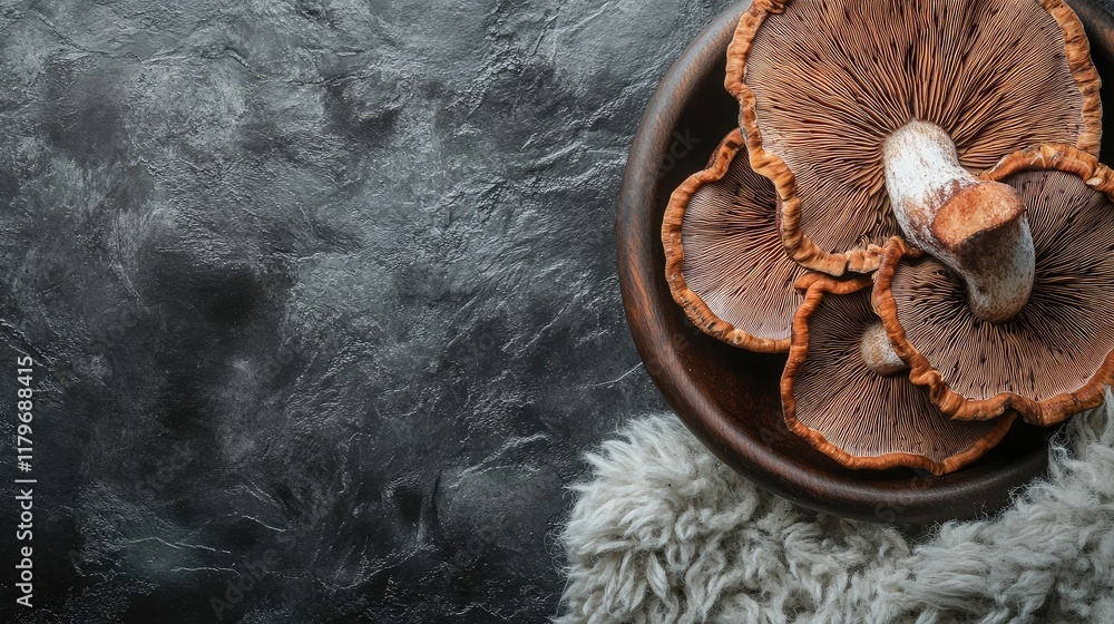 Poster bowl of reishi mushrooms on textured gray surface with sheep wool and empty space for custom text