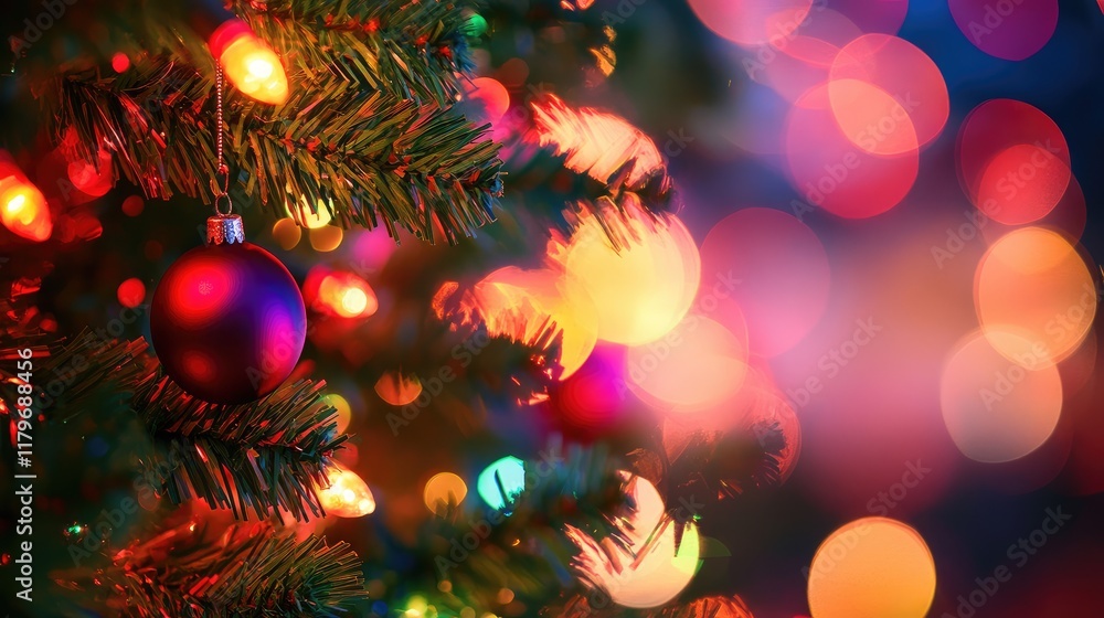 Aufkleber festive close-up of a decorated christmas tree with colorful lights creating a vibrant bokeh effect 