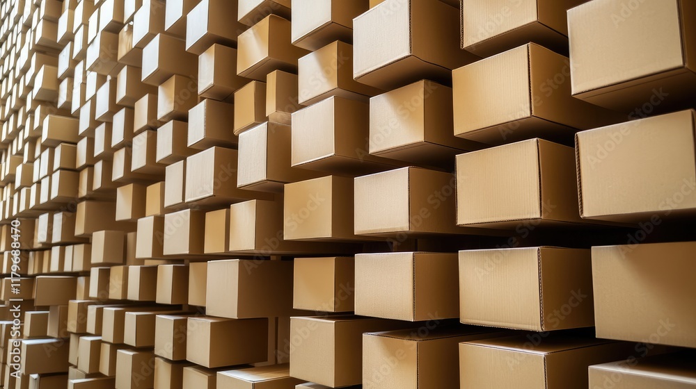 Poster storage of neatly stacked cardboard boxes in a warehouse for efficient e-commerce packing and shippi