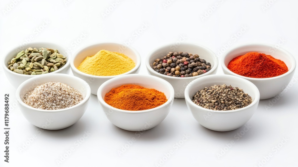 Aufkleber assorted bowls of spices and condiments with blank space for text displaying culinary ingredients an