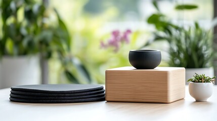 Black bowl on wooden block, black coasters, plants blurred background.