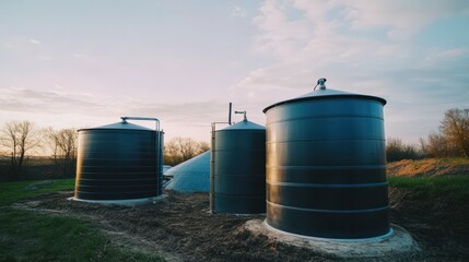 Three large tanks are sitting in a field, with the sky in the background