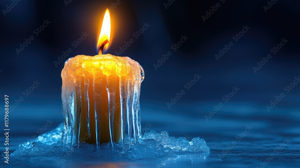 Poster melting candle with icicles on a frosty surface creating a serene winter atmosphere and warm glow in