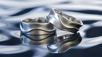 Elegant silver wedding bands placed on a reflective surface, capturing the beauty and symbolism of a lifelong commitment in a timeless design.