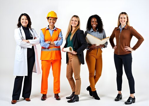Female Jobs. Various women in their work uniforms posing on blue background, diverse happy multiethnic ladies representing different professions standing on white background. Labor day concept.