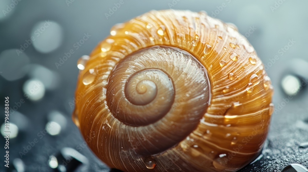 Poster close up of a spiraled snail shell with water droplets and soft light highlighting its texture on a 