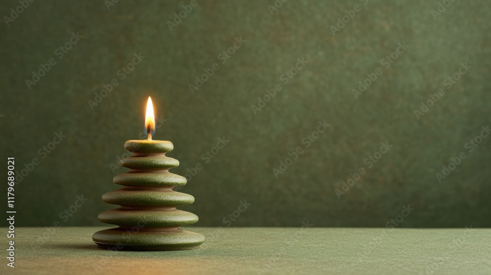 Poster candle shaped like a fir tree illuminated on a minimalist background with ample copy space for text 