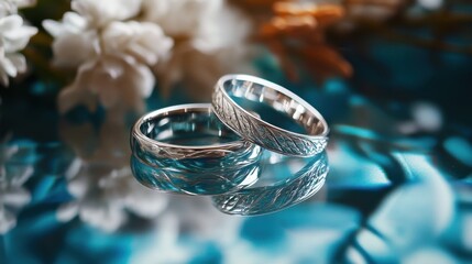 Elegant silver wedding bands placed on a reflective surface, capturing the beauty and symbolism of a lifelong commitment in a timeless design.