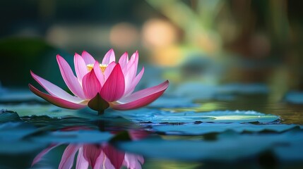 Blooming Pink Lotus Flower on Serene Water Surface with Reflections and Lush Green Leaves in Tranquil Natural Setting