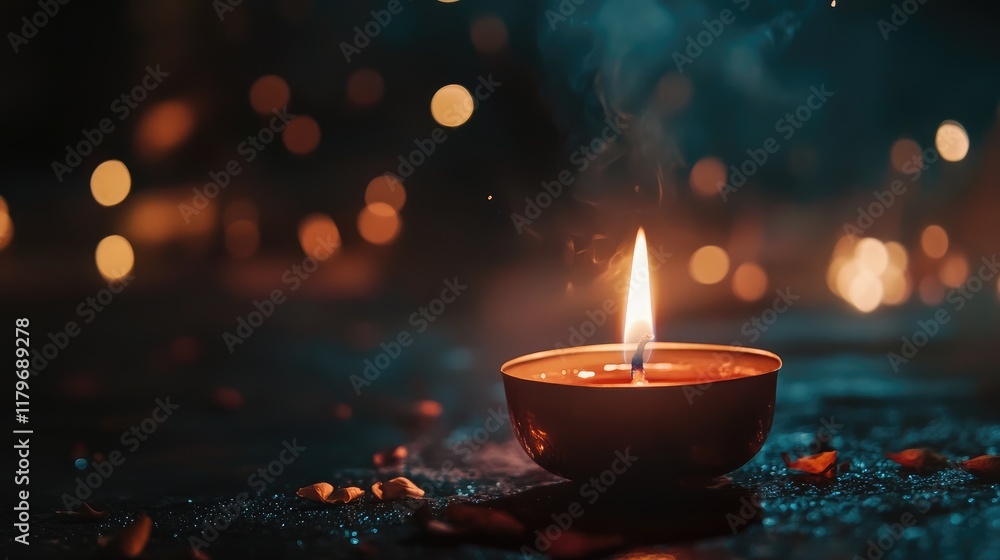 Poster candle flame in a dim setting with soft focus showcasing warm ambiance and smoke against a blurred b