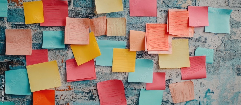 Poster colorful sticky notes on a textured background for creative brainstorming and collaborative business