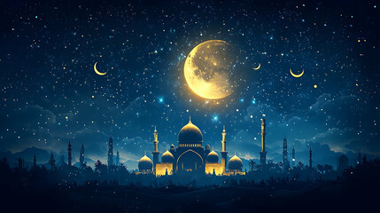 Naklejka premium Crescent moon, stars, nighttime mosque, city skyline, Eid greeting card.
