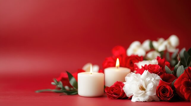 Memorial event banner featuring red and white flowers with lit candles on a red background ideal for remembrance and tribute occasions