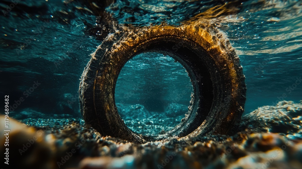 Poster macro close-up of an old submerged tire underwater showcasing textures and reflections in a serene a