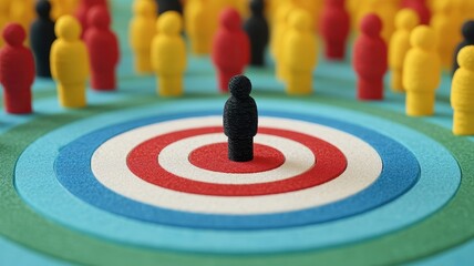 businessgoal growth  target audience.  A central black figure stands on a target, surrounded by colorful figures, symbolizing focus, individuality, and the concept of being in the spotlight.