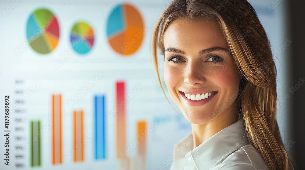 Aufkleber young professional woman smiling in front of colorful business charts and graphs in modern office se