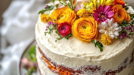 Close up of a beautifully decorated carrot cake topped with vibrant spring flowers showcasing seasonal freshness and culinary artistry