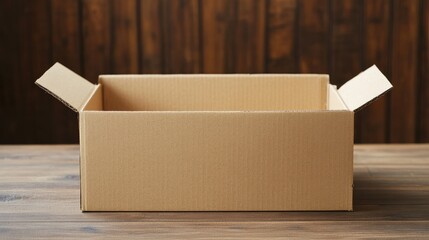 Cardboard box placed on a wooden table in a cozy interior setting with available storage space for organization and decluttering purposes